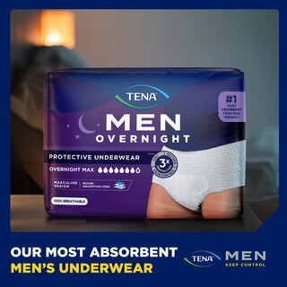 TENA Men Overnight Max underwear are TENA's most absorbent underwear designed for men