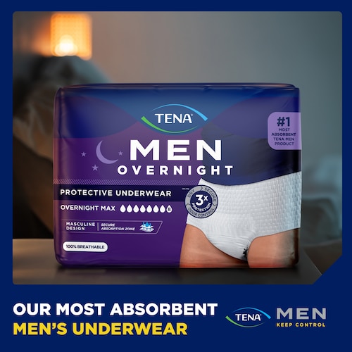 TENA Men Overnight Max underwear are TENA's most absorbent underwear designed for men