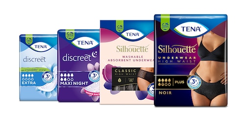 Några av TENAs produkter för kvinnor: TENA Discreet Extra, TENA Discreet Maxi Night, TENA Silhouette Classic Washable Absorbent Underwear och TENA Silhouette Noir High Waist