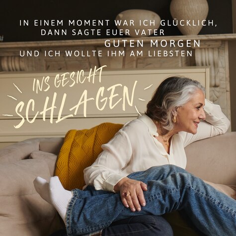 Ingi and her daughters are having a conversation on the sofa. Text reads: One minute I was happy, then your dad would say good morning and I would wanna smash his face in. – Yeah. We noticed that the most: the mood swings.